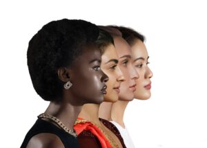 Caucasian woman, african american, asian woman and indian women profile portrait isolated on white